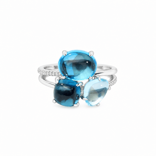 Bague 54 Bague aigue-marine et topazes bleues en or blanc avec diamants 58 Facettes 33785