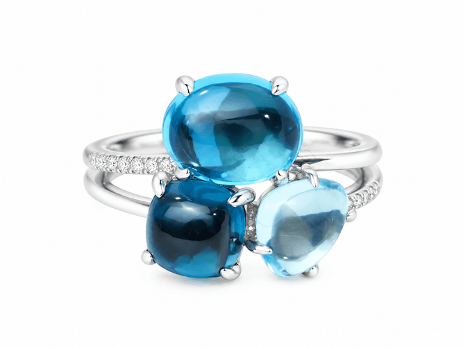 Bague 54 Bague aigue-marine et topazes bleues en or blanc avec diamants 58 Facettes 33785