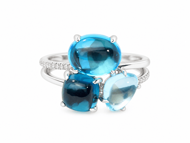 Bague 54 Bague aigue-marine et topazes bleues en or blanc avec diamants 58 Facettes 33785