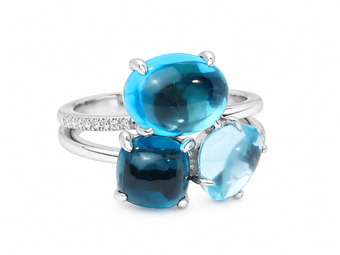 Bague 54 Bague aigue-marine et topazes bleues en or blanc avec diamants 58 Facettes 33785