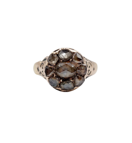 Bague marguerite antique en or 18k, argent et diamants taille rose
