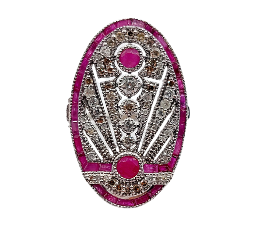 Bague marquise Art déco en or blanc 18k, rubis et diamants