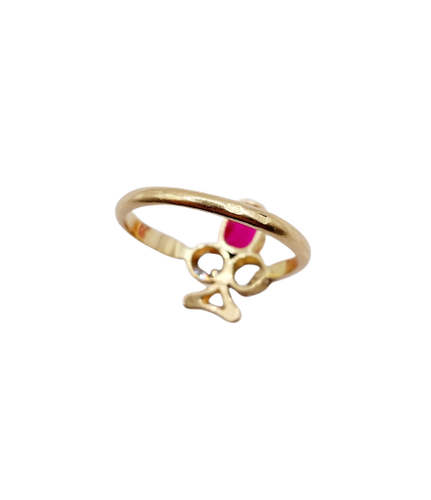 Bague trèfle antique en or 18k, platine, rubis synthétique et diamants