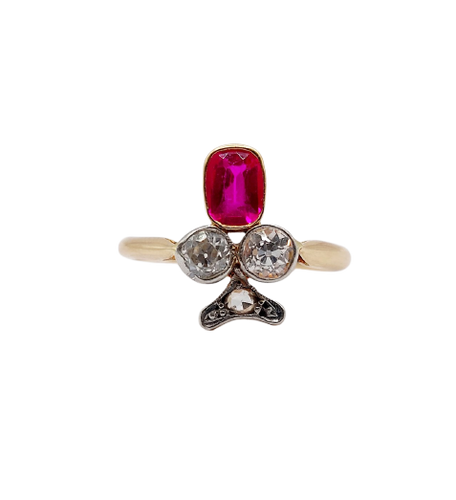 Bague trèfle antique en or 18k, platine, rubis synthétique et diamants