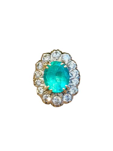 Bague Marguerite en or jaune, platine, émeraude et diamants