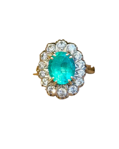 Bague Marguerite en or jaune, platine, émeraude et diamants