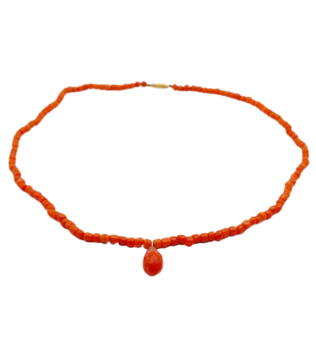 Antique - Collier en or 18k, corail et pampille