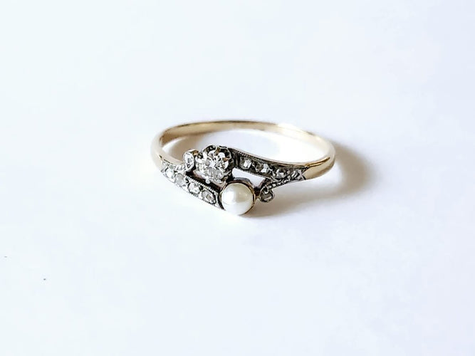 Bague 54 Toi et Moi - Bague en or jaune 18K, platine, diamants et perle 58 Facettes VERM20251219 - 155