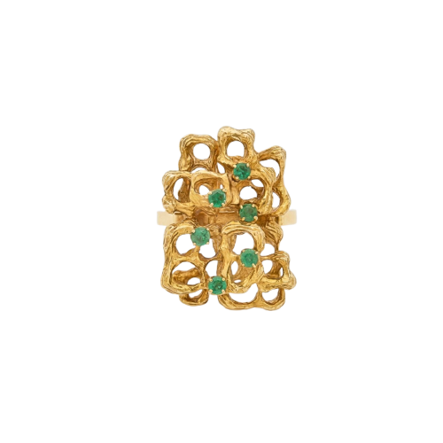 Bague ajourée géométrique en or jaune 18 carats et émeraudes