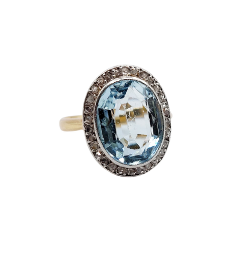 Bague pompadour antique en or 18K, platine, aigue-marine et diamants