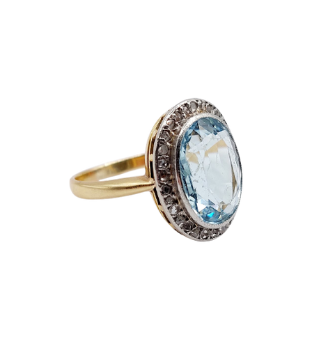 Bague pompadour antique en or 18K, platine, aigue-marine et diamants