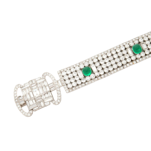 Art déco - Bracelet ruban en platine, diamants et émeraudes