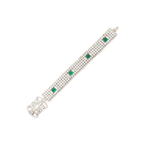 Art déco - Bracelet ruban en platine, diamants et émeraudes