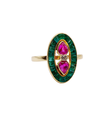 Bague marquise vintage en or 18k, rubis, diamant et émeraudes