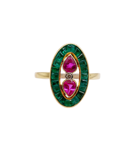 Bague marquise vintage en or 18k, rubis, diamant et émeraudes