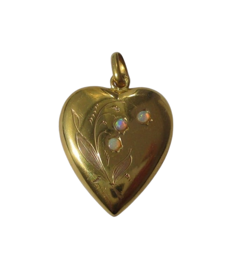 Art Nouveau - Pendentif cœur muguet en or jaune et opales