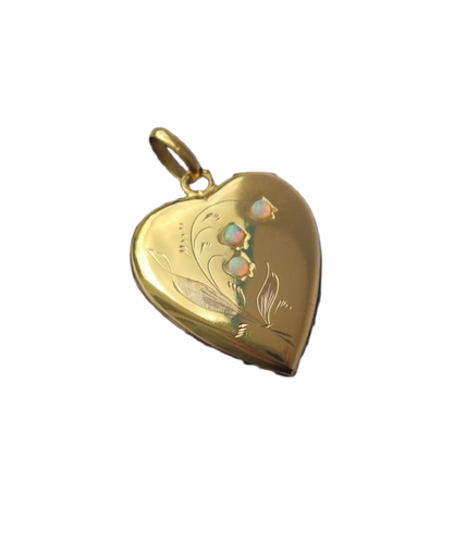 Art Nouveau - Pendentif cœur muguet en or jaune et opales