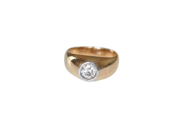 Bague jonc en or jaune, or blanc et diamant taille ancienne