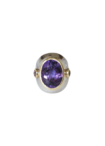 Bague chevalière en or jaune, argent, améthyste et tourmalines roses