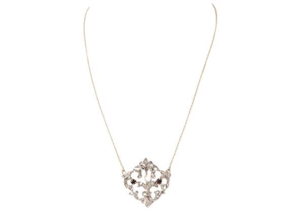 Collier Collier volutes en or jaune, argent, grenats, diamants et perle 58 Facettes 33049