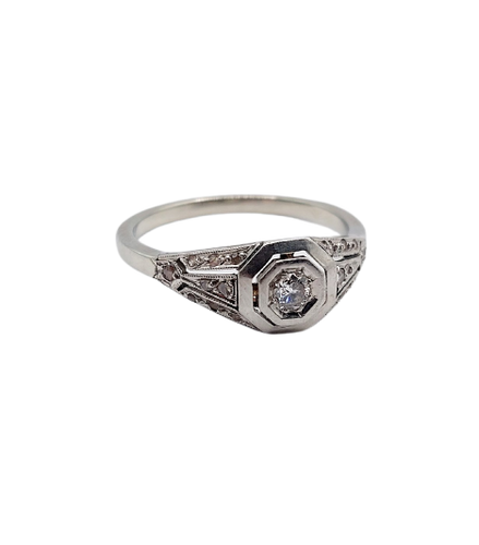 Bague chevalière Art déco en or blanc, platine et diamants
