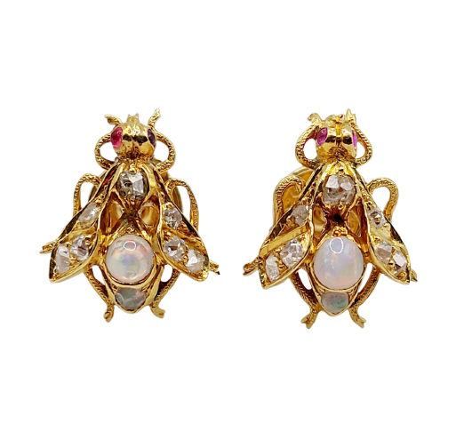 Puces d'oreilles victoriennes abeilles en or 18k, diamants, opales et rubis