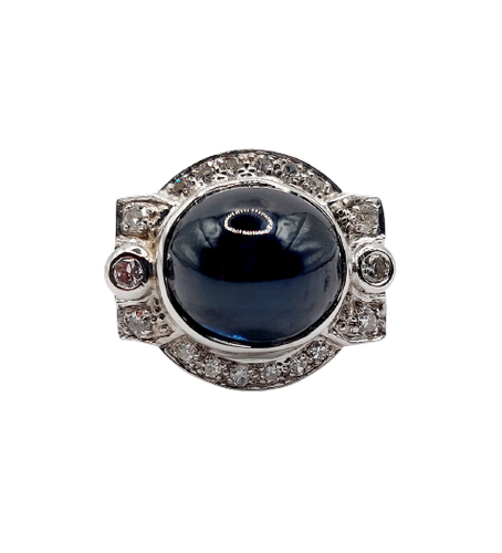 Bague Art déco en or blanc 18k, platine, saphir et diamants