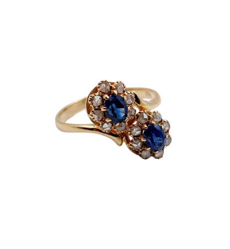 Bague marguerite antique en or rose 18k, saphirs et diamants