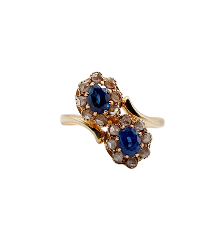 Bague marguerite antique en or rose 18k, saphirs et diamants