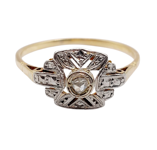 Bague Art déco en or 18K, platine et diamants taille rose