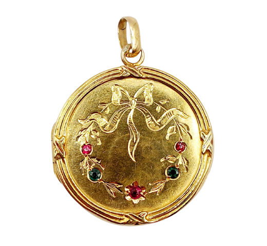 Pendentif porte-photo en or 18k et verres de couleur