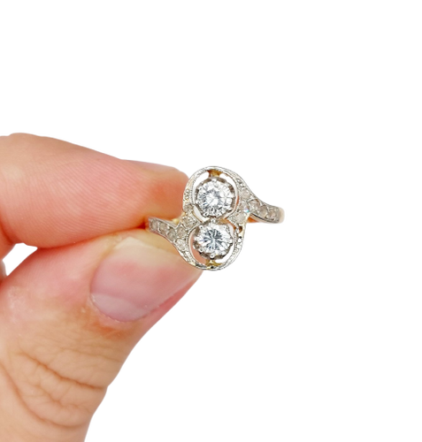 Bague toi et moi antique en or 18k, platine et diamants