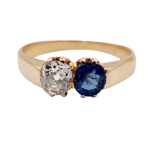 Bague toi et moi antique en or rose 18k, diamant et saphir