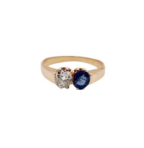 Bague toi et moi antique en or rose 18k, diamant et saphir