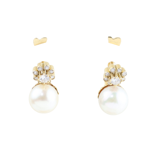 Boucles d'oreilles en or jaune 18K, perles de culture et diamants
