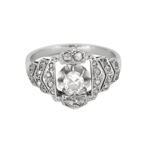 Bague en platine et or gris avec diamants taille ancienne et rose