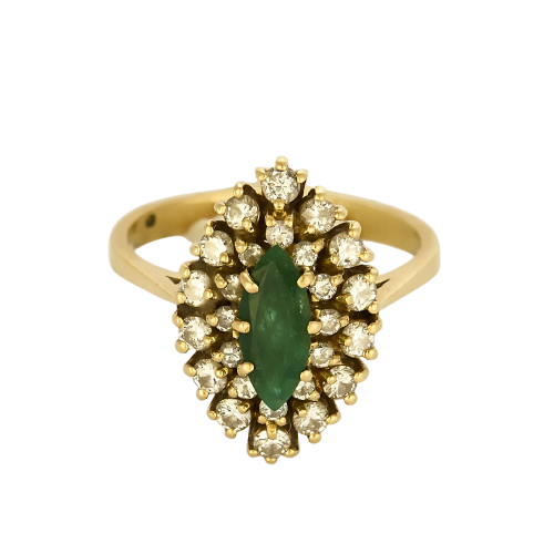 Bague navette en or jaune, émeraude et diamants