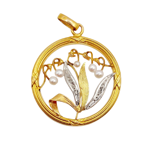 Pendentif Art nouveau brin de muguet en or 18k, perles et diamants