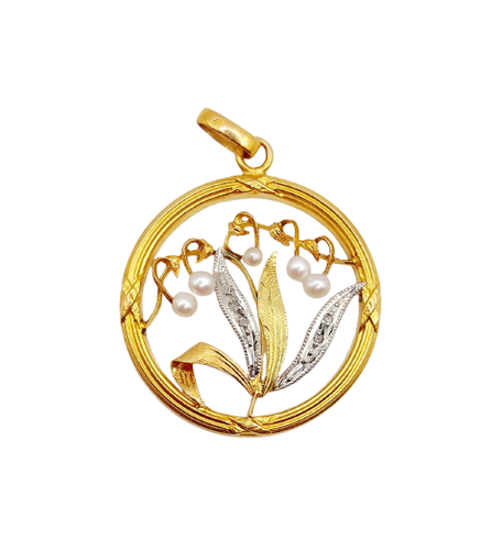 Pendentif Art nouveau brin de muguet en or 18k, perles et diamants