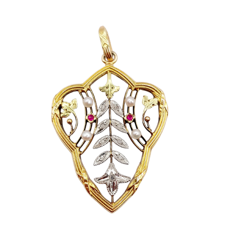 Pendentif Art nouveau en or 18 ct, perles, diamants et rubis