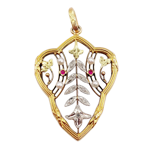 Pendentif Art nouveau en or 18 ct, perles, diamants et rubis