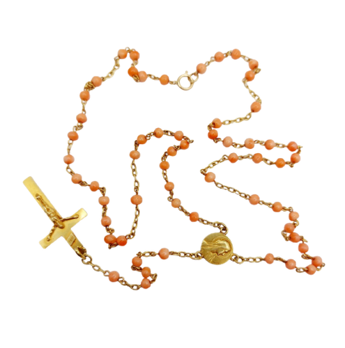 Chapelet antique - Collier en or 18k, corail, médaille et croix