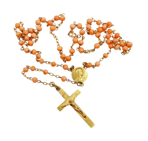 Chapelet antique - Collier en or 18k, corail, médaille et croix