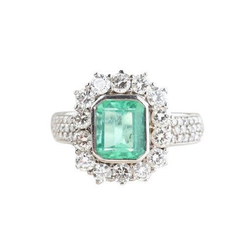 Bague cluster en or blanc et jaune 18K, émeraude colombienne et diamants