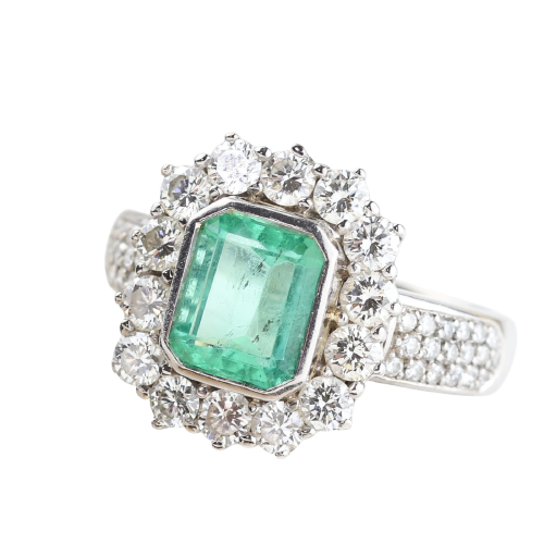 Bague cluster en or blanc et jaune 18K, émeraude colombienne et diamants