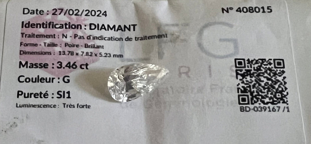 Diamant - Pierre taille poire 3,46 ct G/SI1 58 Facettes P335