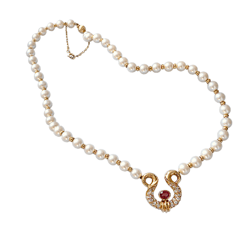 Collier Collier perles de culture en or jaune, rubis et diamants 58 Facettes 1786