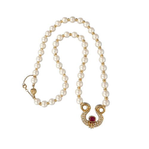 Collier Collier perles de culture en or jaune, rubis et diamants 58 Facettes 1786