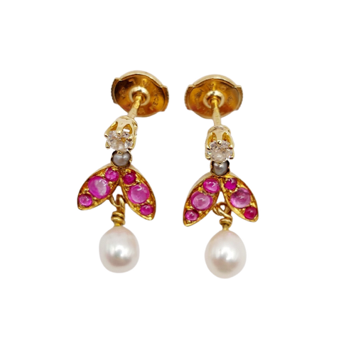 Puces d'oreilles vintage en or 18K, diamants, rubis et perles