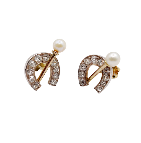 Puces d'oreilles fers à cheval en or 18k, argent, diamants et perles